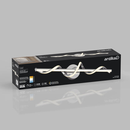 A black and gray rectangular Artika box for the Coda modern LED bathroom vanity light 5 CCT, showing an image of the wavy chrome fixture on the front with branding and product details.