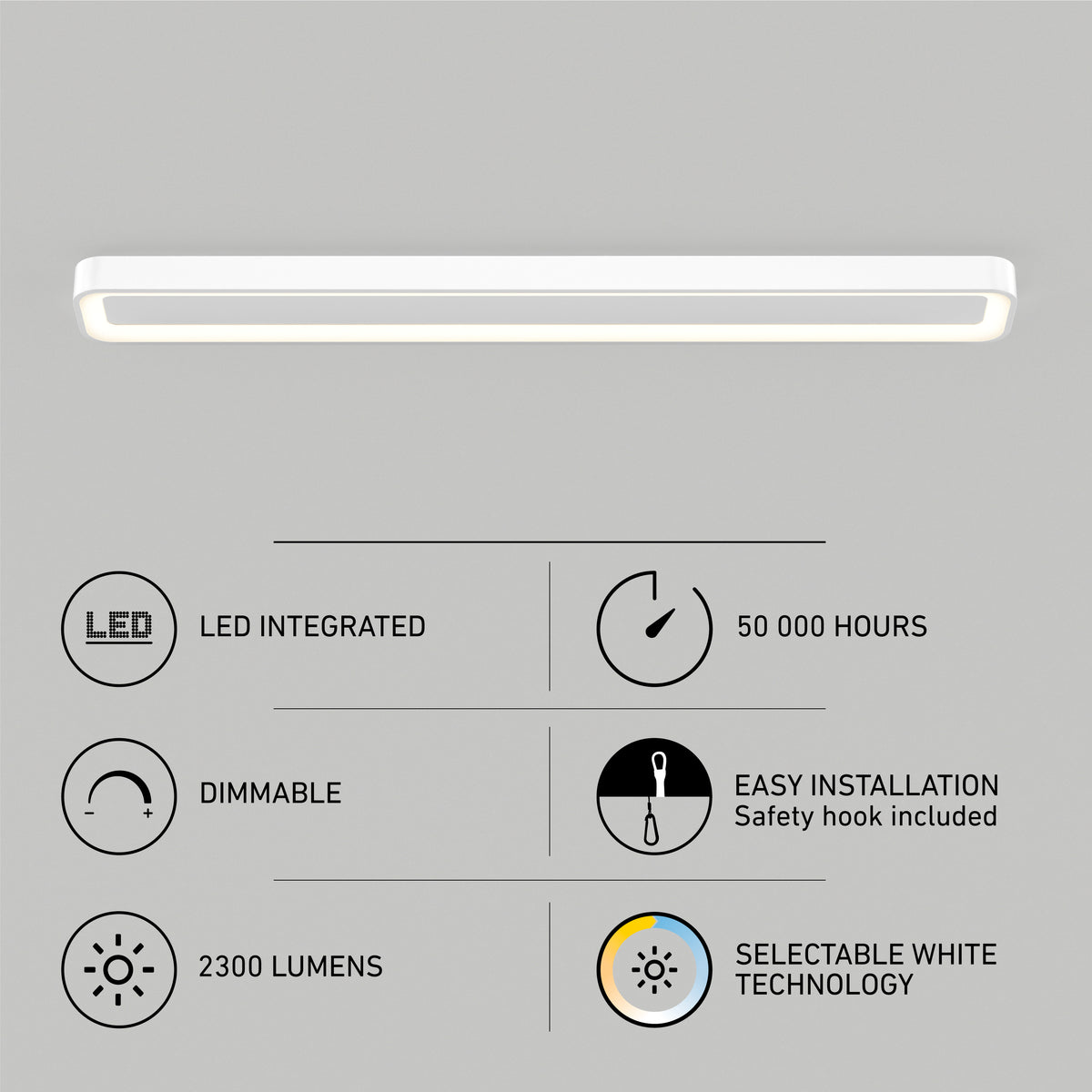 Rectangular LED ceiling light with six feature icons below it, indicating LED integration, 50,000-hour lifespan, dimmable, easy installation with safety hook, 2300 lumens, and selectable white technology.