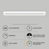 Rectangular LED ceiling light with six feature icons below it, indicating LED integration, 50,000-hour lifespan, dimmable, easy installation with safety hook, 2300 lumens, and selectable white technology.
