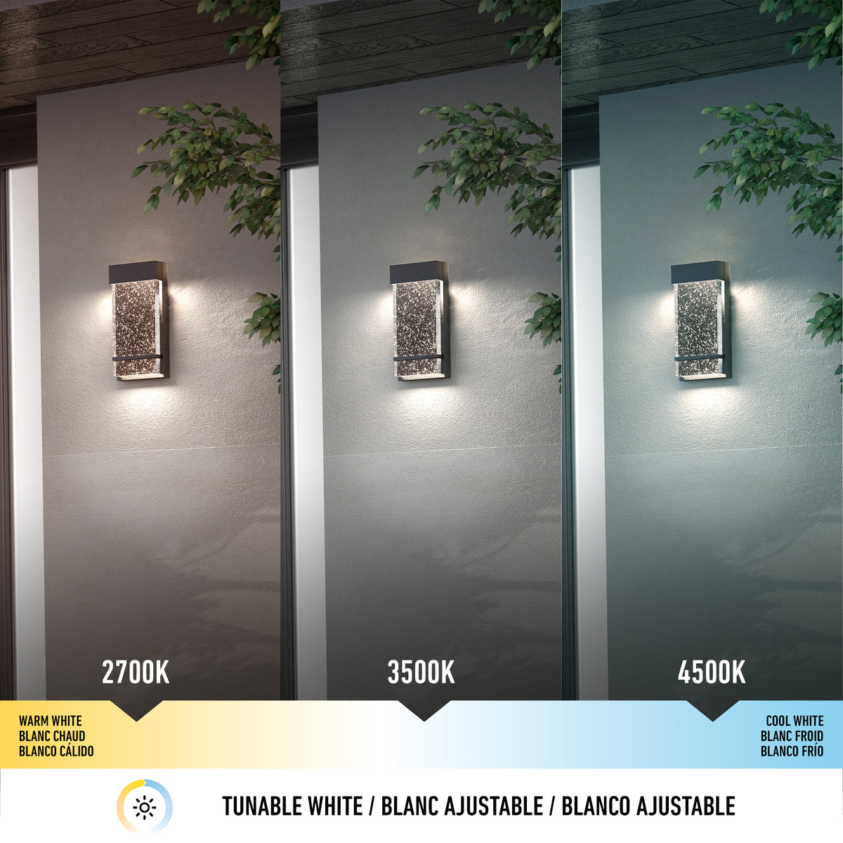 Three wall-mounted outdoor lights shown at different color temperatures: 2700K (warm white), 3500K (neutral white), and 4500K (cool white), illuminating a wall with tree branches partially visible.