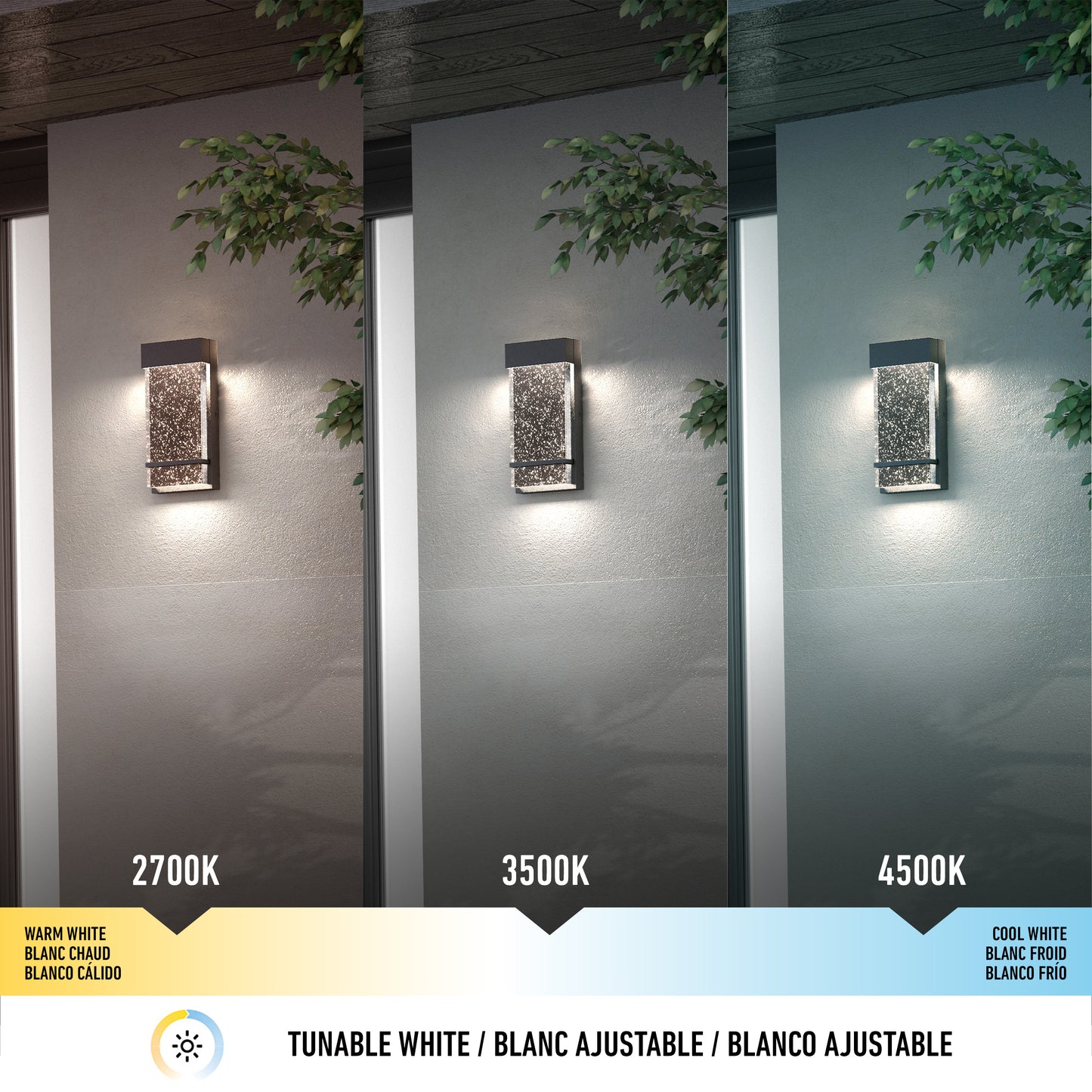 The Artika Skyler indoor-outdoor LED wall light displays warm white (2700K), neutral white (3500K), and cool white (4500K) color temps with a gradient bar and bilingual labels below.