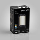 A black Artika Fogo LED wall light is shown on its packaging box, which features product images, specifications, and branding on a gray background.