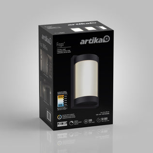A black rectangular box for the Artika Fogo modern LED indoor-outdoor wall light 5 CCT, displaying an image of the fixture, specs, and icons showing 500 lumens, 50,000-hour lifespan, and a 5-year warranty.