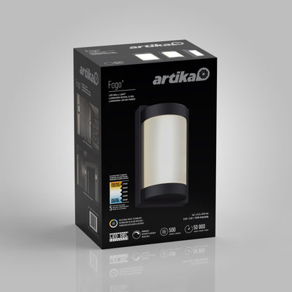 A black rectangular box for the Artika Fogo modern LED indoor-outdoor wall light 5 CCT, displaying an image of the fixture, specs, and icons showing 500 lumens, 50,000-hour lifespan, and a 5-year warranty.