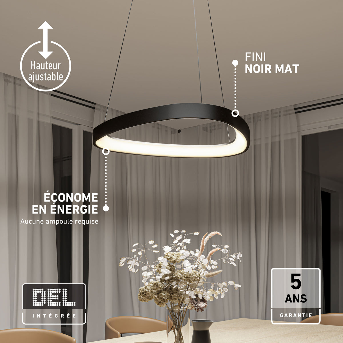 Artika Bjorn modern LED pendant light 5 CCT—integrated LEDs, adjustable height, 5-year warranty—ideal for dining tables.