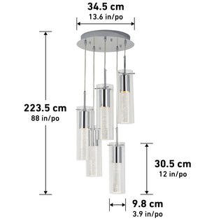 The Artika Bubble Swirl 5-light pendant features five cylindrical glass lights suspended at varying heights from a circular mount. Dimensions: 223.5 cm tall, 34.5 cm wide; each light measures 30.5 cm long by 9.8 cm diameter.