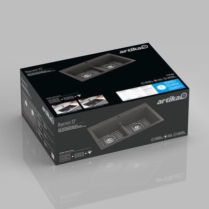 A black Artika Baycrest 33 in. double bowl kitchen sink box, featuring two basins and product highlights on the packaging.
