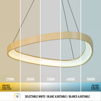 The Artika Bjorn modern LED pendant light 5 CCT hangs from the ceiling, shown with five selectable white color temperatures—2700K, 3000K, 3500K, 4000K, and 5000K—ranging from warm to cool white.