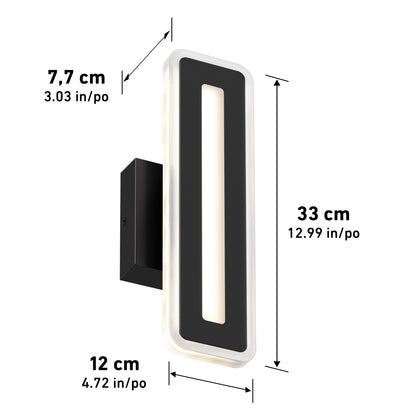 The Artika Evasion modern indoor-outdoor LED wall light 3 CCT features a rectangular black frame, vertical light strip, and frosted edges. Size: 33 cm (13 in) tall, 12 cm (4.7 in) wide, and 7.7 cm (3 in) deep. Measurements in cm/inches.