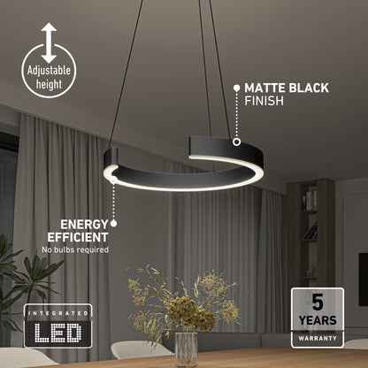 Artika Vance modern LED pendant light 3 CCT suspended above a dining table, with callouts for its adjustable height, black finish, and 3 CCT features.