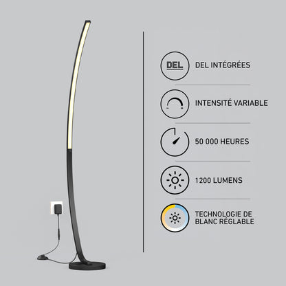The Artika Arc LED Floor Lamp features a modern arched design, integrated LED with adjustable white light, dimmable brightness up to 1200 lumens, and a long 50,000-hour lifespan.