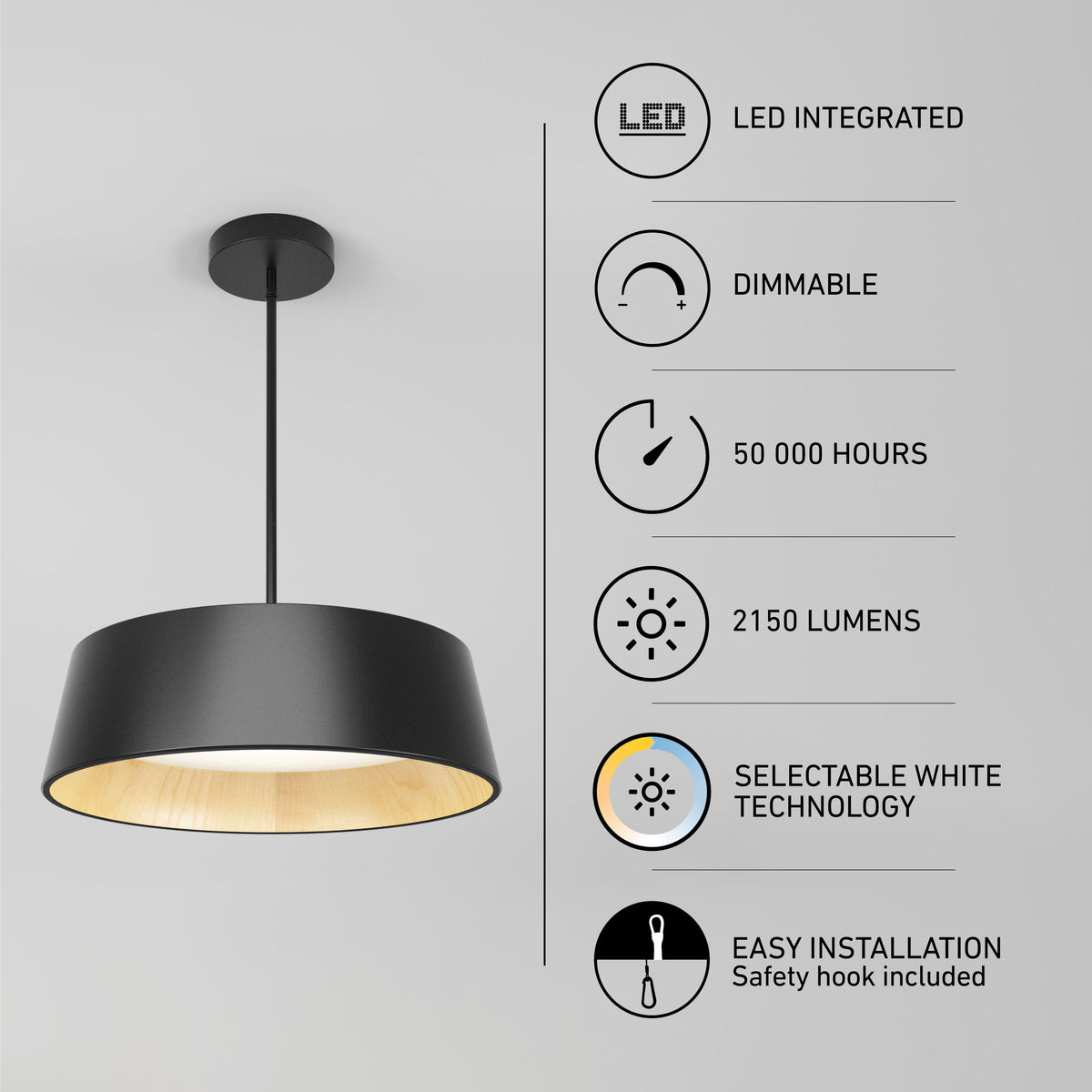 A modern black pendant light with wood-tone interior is shown. To the right, icons and text highlight features: LED integrated, dimmable, 50,000 hours, 2150 lumens, selectable white technology, and easy installation.