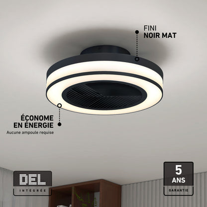 Artika Elton 19″ LED fandelier, matte black, energy-saving, silent, remote included—ideal for white ceilings. 5-year warranty.