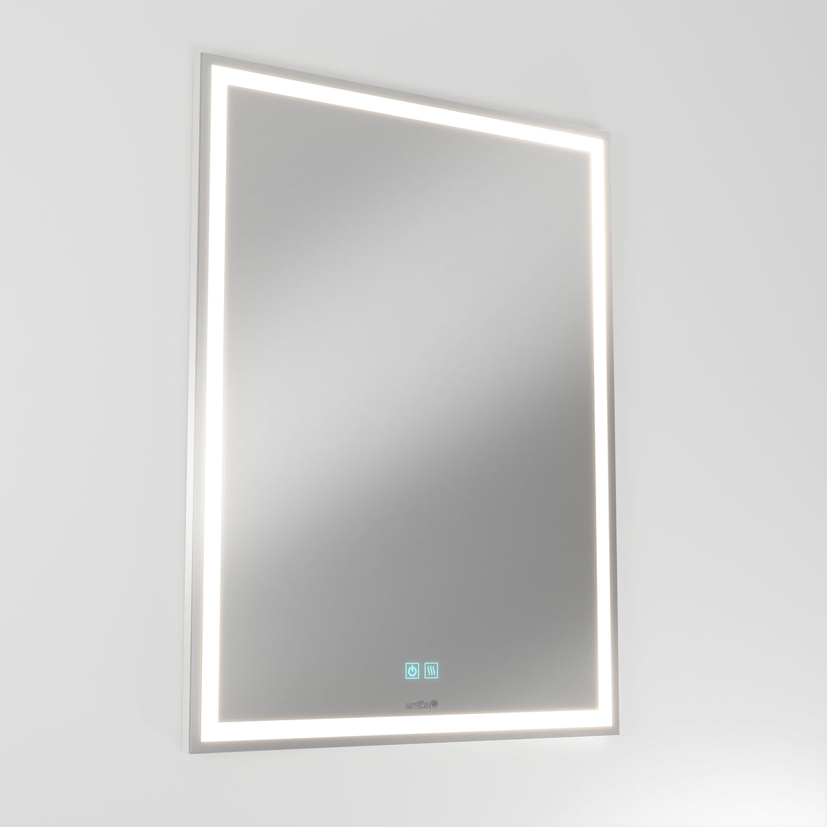 A rectangular wall-mounted mirror with a built-in LED light border and two touch control buttons at the bottom center, set against a plain white background.