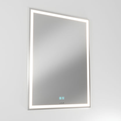 The Artika Aurea anti fog LED wall mirror is rectangular and wall-mounted, with built-in LED lighting around the edges and two touch buttons at the bottom center, shown against a plain white background.