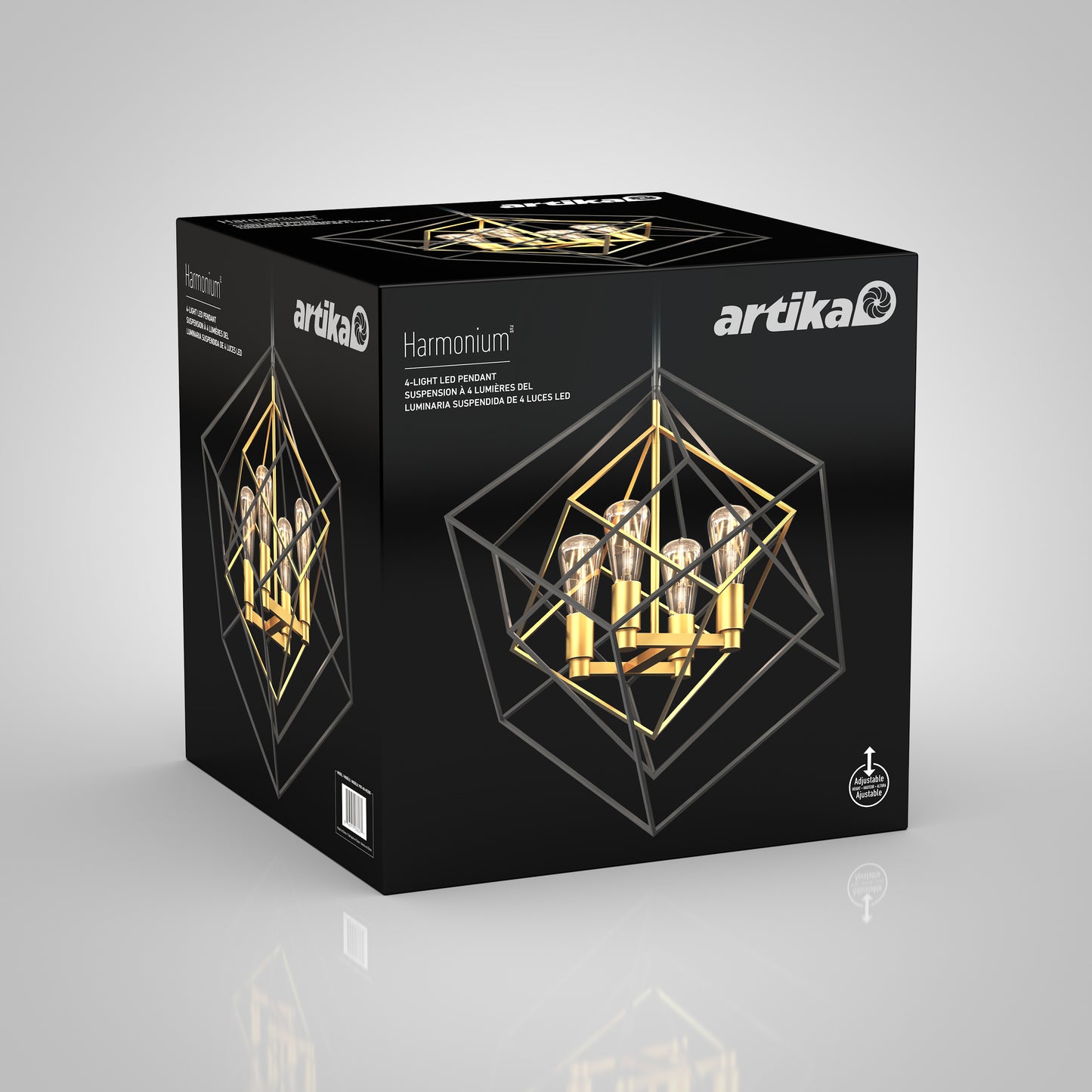 A black Artika box displays an image of the Harmonium modern mid-century pendant light, featuring a geometric metal frame and six gold-colored LED bulbs. The box rests on a light gray surface.