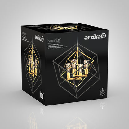 A black Artika box displays an image of the Harmonium modern mid-century pendant light, featuring a geometric metal frame and six gold-colored LED bulbs. The box rests on a light gray surface.