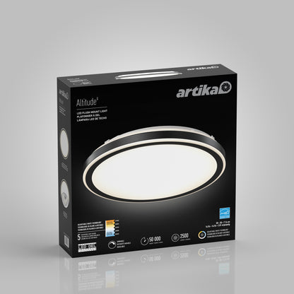 Box of Artika Altitude 15 in. LED modern flush mount light 5 CCT, featuring a round white and black ceiling fixture. Packaging highlights product features, energy efficiency, and a 5-year warranty.