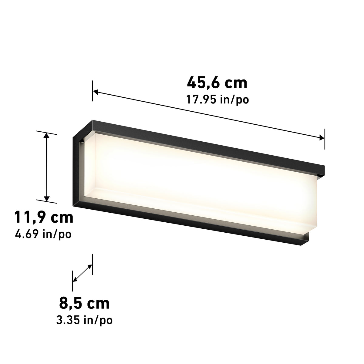 Rectangular wall light with a black frame and frosted cover, measuring 45.6 cm (17.95 in) wide, 11.9 cm (4.69 in) tall, and 8.5 cm (3.35 in) deep, shown with dimensions labeled in centimeters and inches.