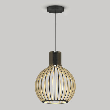 The Artika Tomi LED Pendant Light 3 CCT features a spherical open wooden slat design, suspended by a black cord and ceiling mount. Warm light glows softly through the slats, set against a plain light gray background.