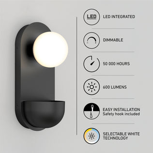 The Artika Bloomfield LED modern mid-century wall sconce 5 CCT is shown in black with a glowing round bulb. Features include LED integration, dimmable function, 50,000-hour life, 600 lumens, easy installation, and selectable white technology.