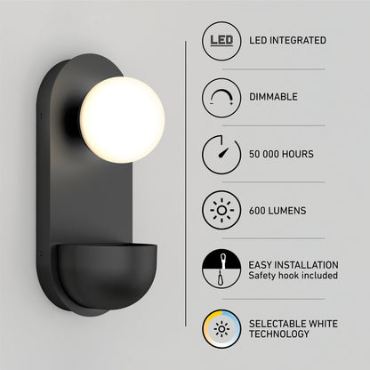 The Artika Bloomfield LED modern mid-century wall sconce 5 CCT is shown in black with a glowing round bulb. Features include LED integration, dimmable function, 50,000-hour life, 600 lumens, easy installation, and selectable white technology.