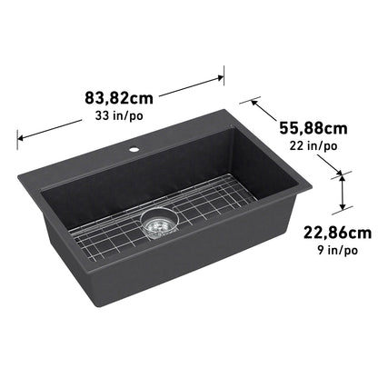 Artika Baycrest 33 in. (84 cm) black rectangular kitchen sink with bottom grid; dimensions shown in cm/inches.