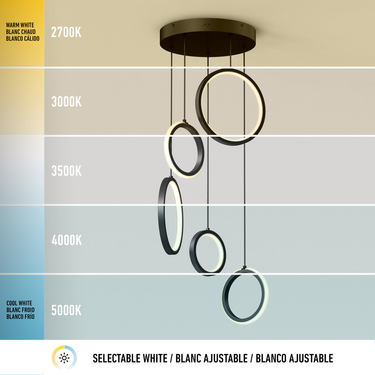 A modern pendant light with five circular LED rings hangs from the ceiling. The image displays different white light temperatures, ranging from warm white (2700K) to cool white (5000K), with color transitions in the background.