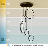 A modern pendant light with five circular LED rings hangs from the ceiling. The image displays different white light temperatures, ranging from warm white (2700K) to cool white (5000K), with color transitions in the background.
