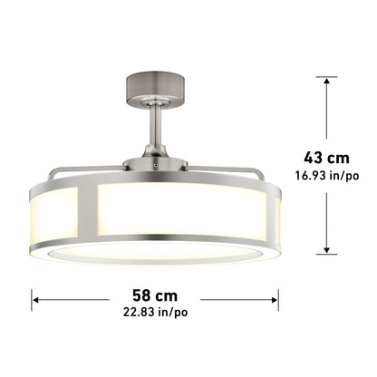 The Artika Huxley 23 in. LED modern ceiling fan features a round brushed metal frame, frosted panels, and 3 speeds. It measures 58 cm (22.83 in) wide and 43 cm (16.93 in) tall, with measurements shown by arrows.