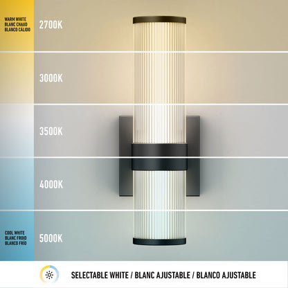 The Artika Mirado modern LED wall sconce 5 CCT offers selectable white color options, featuring adjustable color temperatures from warm white (2700K) to cool white (5000K), clearly labeled with horizontal bands for each temperature range.