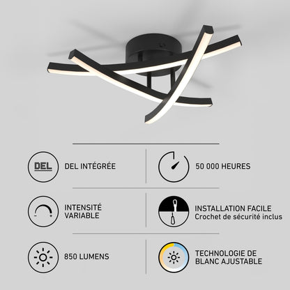 Artika Orly 18 in. Modern LED Flush Mount Ceiling Light with three curved arms and icons for long life, dimmability, and selectable color temperature.