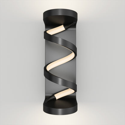 The Artika Swirl indoor-outdoor LED wall light features a modern black spiral design with a glowing white strip winding around its cylindrical form, shown mounted on a plain light gray wall.