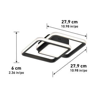 The Artika Romeson 11 in. LED modern flush mount light features two overlapping square frames and measures 27.9 cm (10.98 in) wide/long and 6 cm (2.36 in) high, with dimensions indicated by arrows.