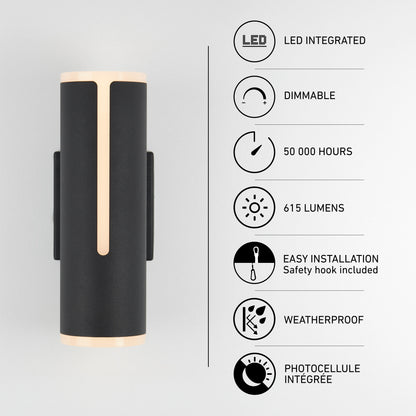 Linea modern indoor-outdoor LED wall light: a cylindrical, weatherproof sconce with vertical light strips, 615 lumens, and 50,000-hour lifespan.