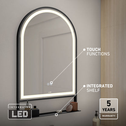 Artika Arturo 20x32 in. LED mirror, 3 CCT, defogger, touch control & shelf shown in a modern bathroom with a 5-year warranty.