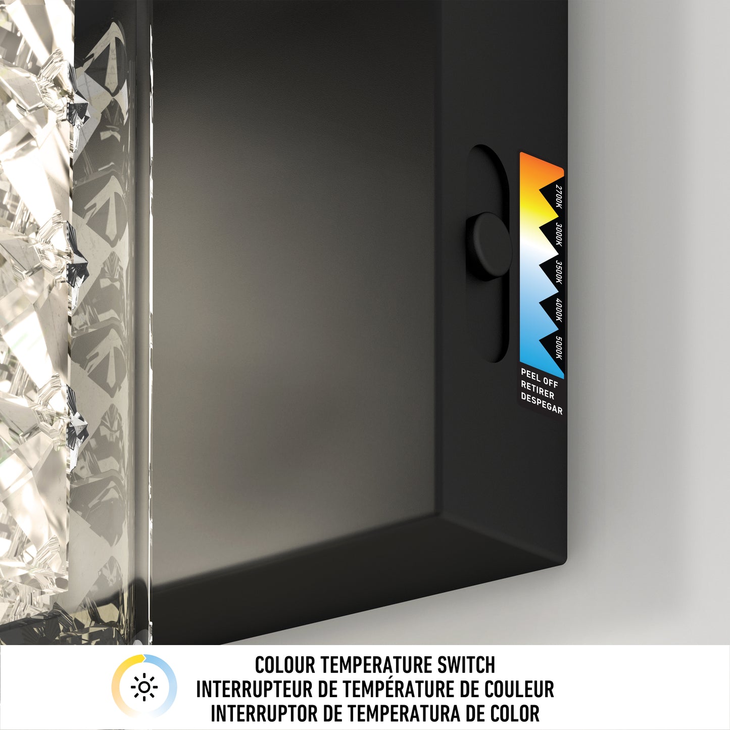 A close-up of the Crystal Cube LED bathroom vanity light 5 CCT by Artika shows a color temperature switch labeled 3000K, 3500K, 4000K, 5000K, and 6500K next to a reflective foil. Below, text reads Colour Temperature Switch in English and French.