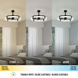 A modern ceiling light is shown above a bed displaying three lighting tones: warm white (2700K), neutral, and cool white (6000K). A gradient bar below labels the color temperatures and tunable white feature in three languages.