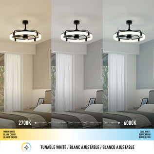 The Artika Sunnyvale 28 in. LED modern ceiling fan offers adjustable lighting—warm white (2700K), neutral, and cool white (6000K)—with a color temperature scale, all easily controlled via remote.