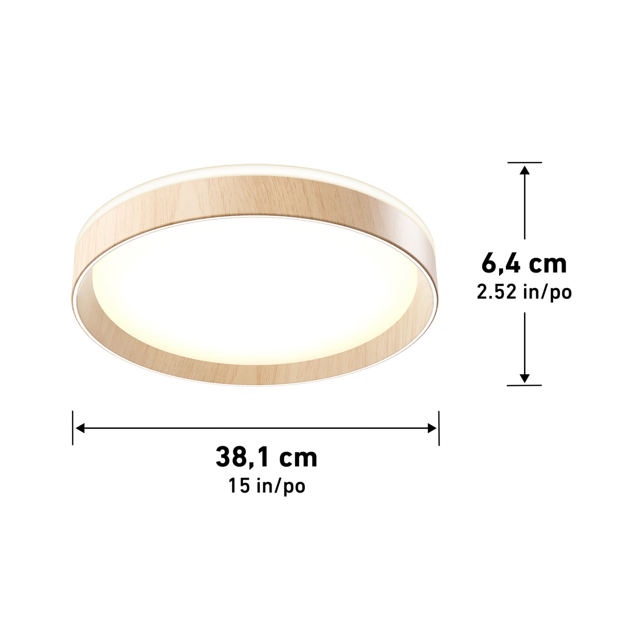 Round ceiling light with a wood finish, glowing white center, measuring 38.1 cm (15 inches) in diameter and 6.4 cm (2.52 inches) in height. Arrows and labels indicate the dimensions.