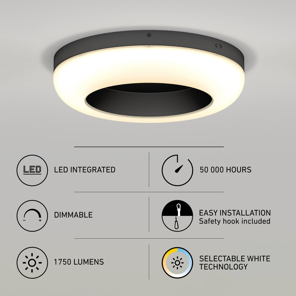 Round, modern ceiling light fixture with black rim and glowing white ring, shown above icons highlighting features: LED integrated, 50,000 hours lifespan, dimmable, easy installation, 1750 lumens, selectable white technology.