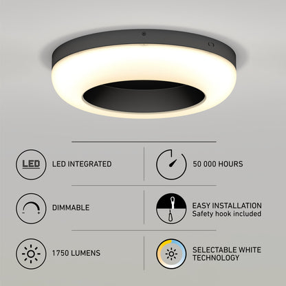 The Artika-CAN-dev Louka 15 in. modern LED flush mount light 5 CCT features integrated LED (50,000 hours), adjustable brightness, easy installation, 1750 lumens, and selectable white technology for a modern look.