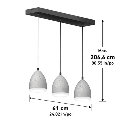 The Artika Bergen 3-light LED pendant features three hanging, speckled gray dome shades on a 61 cm (24.02 in) rectangular fixture, with a maximum hanging height of 204.6 cm (80.55 in).