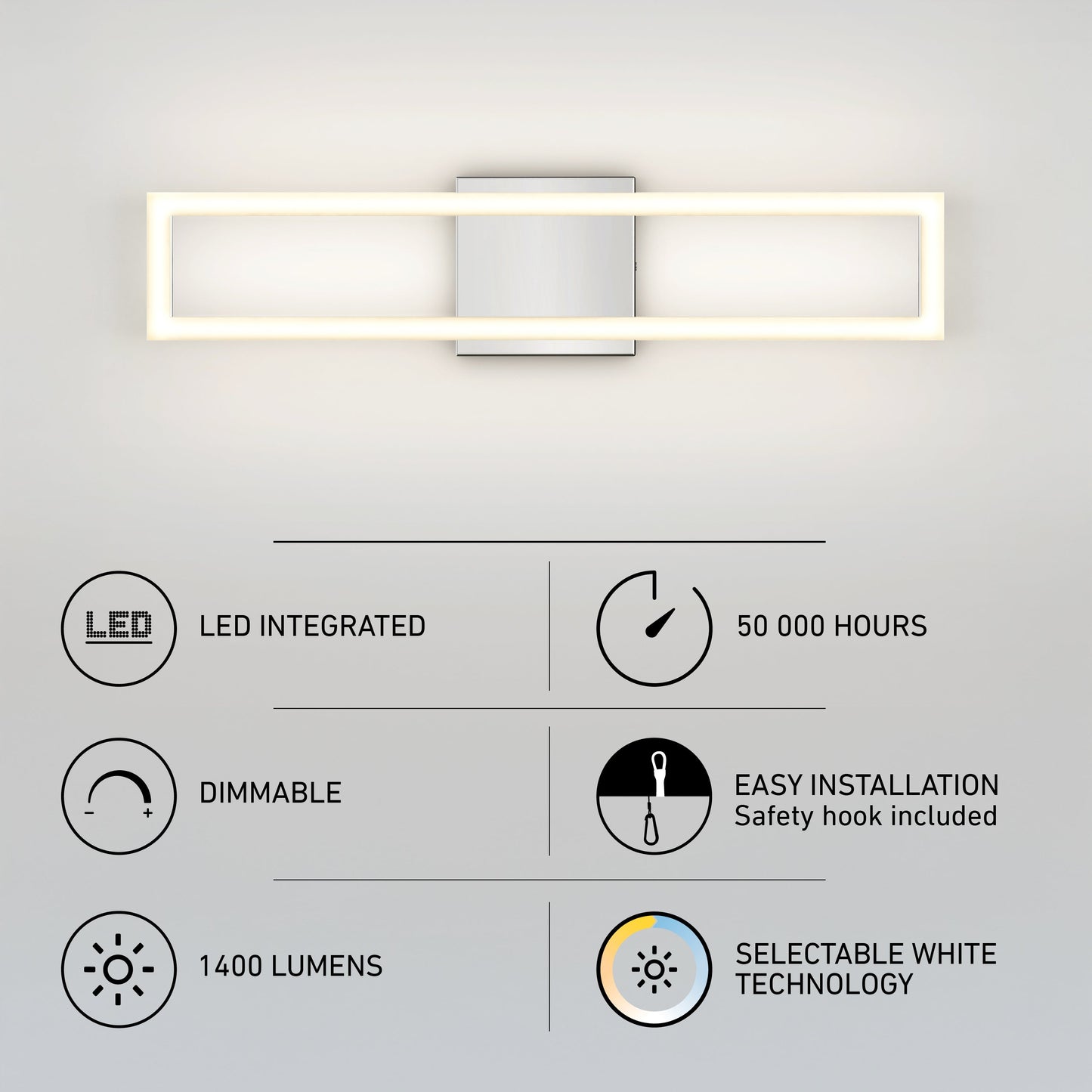 The Dover modern LED bathroom vanity light 5 CCT by Artika-CAN-dev features a rectangular design with white glow, silver base, integrated LED, 50,000-hour lifespan, dimmable function, easy install, 1400 lumens, and selectable white technology.
