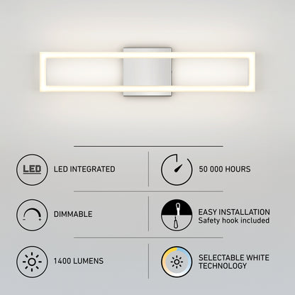 The Artika Dover modern LED bathroom vanity light 5 CCT is shown mounted on a white wall, with icons and text below highlighting its LED integration, dimmable feature, 1400 lumens, 50,000-hour lifespan, easy installation, and selectable white technology.