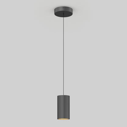 The Alton mini LED pendant light 5 CCT by Artika, featuring a modern cylindrical black design, hangs from the ceiling by a thin black cord against a plain light gray background.