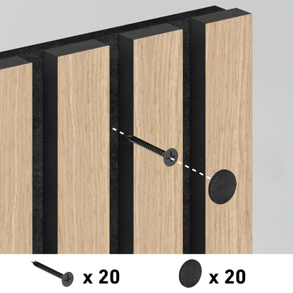 Illustration showing a screw being inserted into an Artika-CAN-dev Sonolok 15.5 ft sound-absorbing wall panel with vertical black strips. Icons below indicate 20 screws and 20 round black caps are included in the kit.
