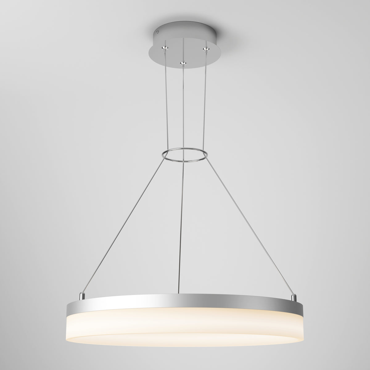 The Artika Optical LED pendant light 3 CCT features a modern circular design with a metallic frame and frosted diffuser, suspended by three slim cables from a round ceiling mount, shown against a plain light gray background.