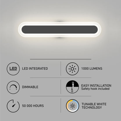 The Artika Pista modern LED bathroom vanity light features a sleek oval design, integrated LED, 1000 lumens, dimmable tunable white (5 CCT), 50,000-hour lifespan, and easy installation.