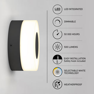 The Artika Ludwig modern LED indoor-outdoor wall light 5CCT with a black base is shown illuminated. Feature icons note: integrated LED, dimmable, 50,000-hour life, 500 lumens, easy installation, selectable white color, and weatherproof.